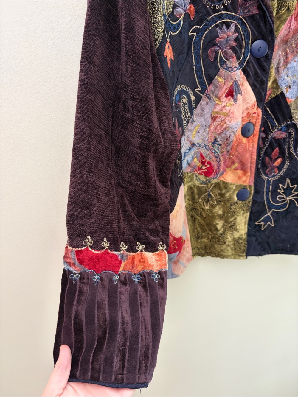 Flashback Boho Hippie Patchwork Velvet Button-Front Jacket Size Large 55% Cotton - Picture 4 of 14